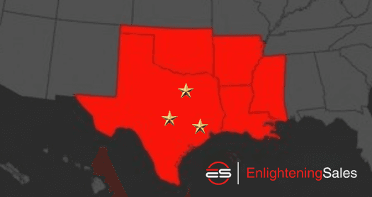 Map of the five-state Enlightening Sales territory: Texas, Oklahoma, Arkansas, Louisiana and Mississippi